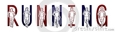 Running text font design, Marathon runners, Group of people running, Men running Vector Illustration