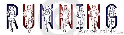 Running text font design, Marathon runners, Group of people running, Men and Women running Vector Illustration