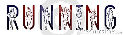 Running text font design, Marathon runners, Group of people running, Women running Vector Illustration