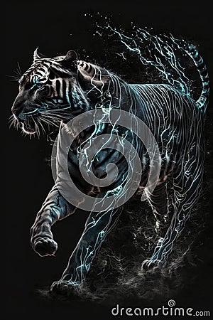 running tiger spirit with patronus lighting magic line on black background Stock Photo