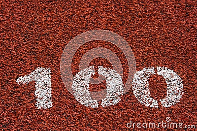 Running track rubber standard red color and white line and number 100 Stock Photo