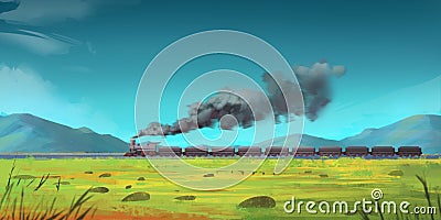 Running Train through Mountains. Fiction Backdrop. Concept Art Stock Photo