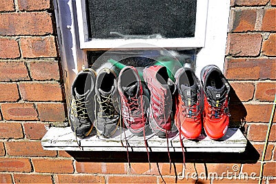 Running trainers out to dry Editorial Stock Photo