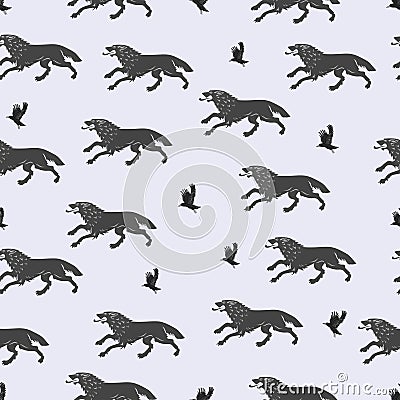 Running wolves and flying crows. Vector Illustration