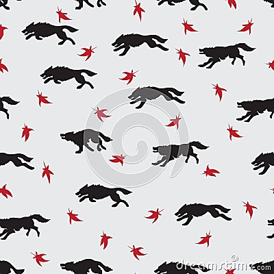 Running wolves. Red leaves. Vector Illustration