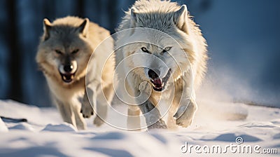 Running Wolves In The Snow: A Captivating Visual Journey Stock Photo