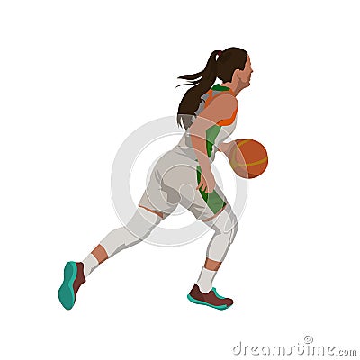 Running woman with ball, basketball player Vector Illustration