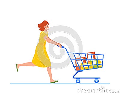 Running Woman Character Pushing Shopping Cart In A Hurry To Grab Groceries And Complete Her Errands Vector Illustration