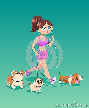 Running woman with dogs. Vector Illustration