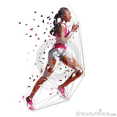 Running woman, low polygonal isolated vector illustration. African american marathon runner, side view. Run, active people Vector Illustration