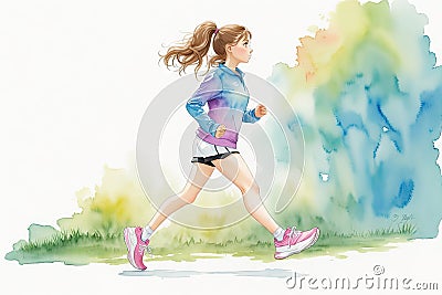 Running woman in park in summer training illustration, ai generative Cartoon Illustration