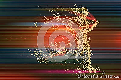 Running woman particle divergent silhouette on dinamic abstract background Vector Illustration