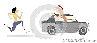 Running woman and riding on the car coach or supporter illustration Vector Illustration