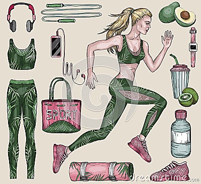 Running woman and sports equipment set. Healthy lifestyle concep Vector Illustration