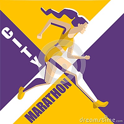 Running woman. Vector illustration of geometrical style. Color sport poster, print or banner for marathon. Vector Illustration