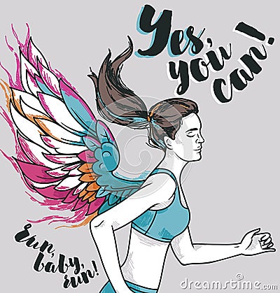 Running young and slim european woman with colorful wings Vector Illustration