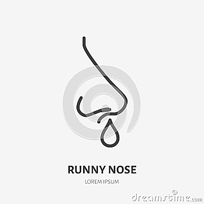 Runny nose line icon, vector pictogram of flu or coronavirus symptom. Nosebleed, nasal mucus illustration, sign for Vector Illustration