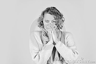 Runny nose. Seasonal allergy. Inflammation nasal sinus. Chronic sinusitis. Cold flu symptoms. Woman blowing nose Stock Photo