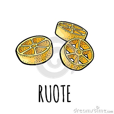 Ruote. Vector vintage engraving color illustration isolated on white background. Vector Illustration