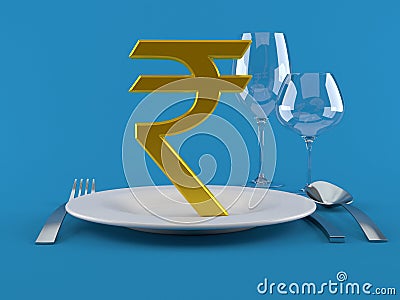 Rupee currency symbol with plate and cutlery Cartoon Illustration
