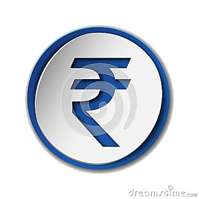 Rupee currency symbol on round sticker with blue backdrop. Vector Illustration