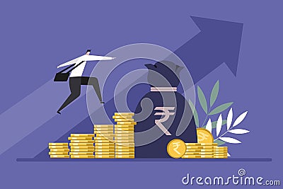 A businessman moving up on Rupee coins. Concept for financial growth Vector Illustration