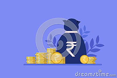 Indian rupee coins and a money bag Vector Illustration