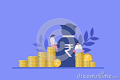 Financial experts sitting on stacks of Rupee coins and a big money bag Vector Illustration