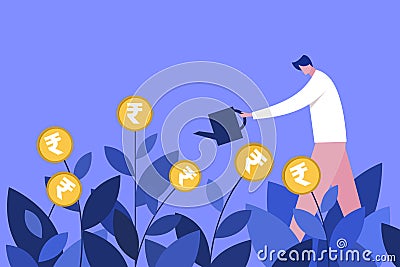 Man watering the plants flowered with Rupee coins Vector Illustration