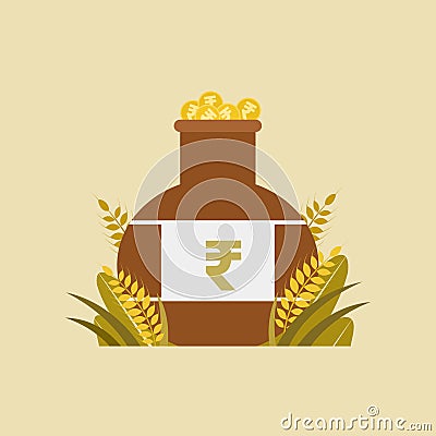 Indian rupee coins in a clay pot surrounded by wheat grains and leaves Vector Illustration