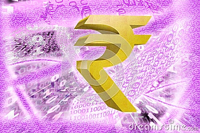 Rupee Symbol, against the backdrop of Binary code with tunnels with energies Stock Photo