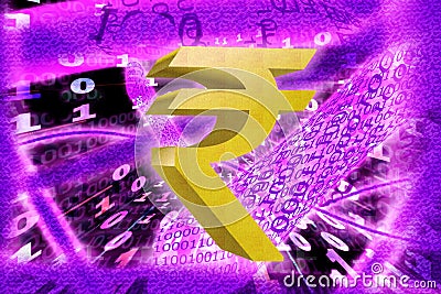 Rupee Symbol, against the backdrop of Binary code with tunnels with energies Stock Photo