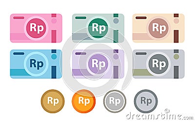 Rupiah money icon set of IDR bank notes coin and cash paper in many color vector Vector Illustration