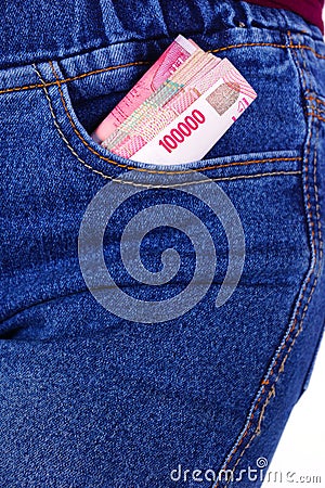 Rupiah Money in Jeans Pocket Stock Photo