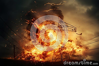 The rupture of a power line causing sparks to emanate from the severed wires Stock Photo