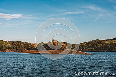 Rur Reservoir, Panoramic view of the Rur Lake in autumn Stock Photo