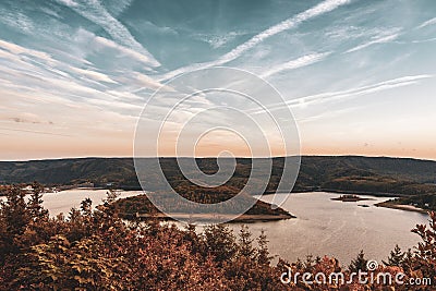 Rur Reservoir, Panoramic view of the Rur Lake in autumn Stock Photo