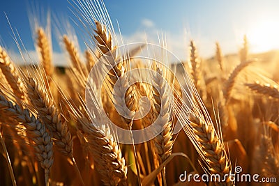 Rural abundance Golden wheat crop field signifies a plentiful summer harvest Stock Photo