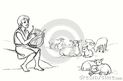 Shepherd with a sheeps on the field Stock Photo