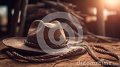 Rural background with close up cowboy hat and rope. Rustic outdoor backdrop with blurred horse. Generative AI Stock Photo