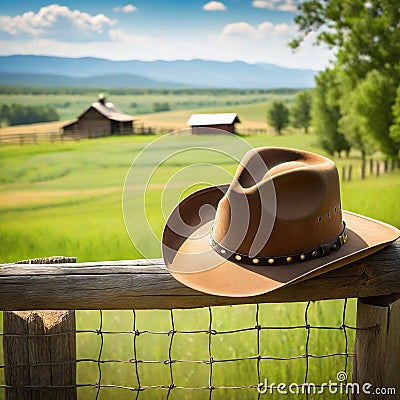 Rural background with close up cowboy hat and Rustic outdoor backdrop with blurred Cartoon Illustration