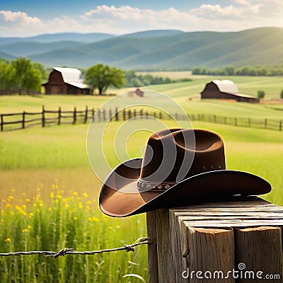 Rural background with close up cowboy hat and Rustic outdoor backdrop with blurred Cartoon Illustration
