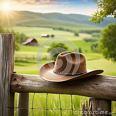 Rural background with close up cowboy hat and Rustic outdoor backdrop with blurred Cartoon Illustration