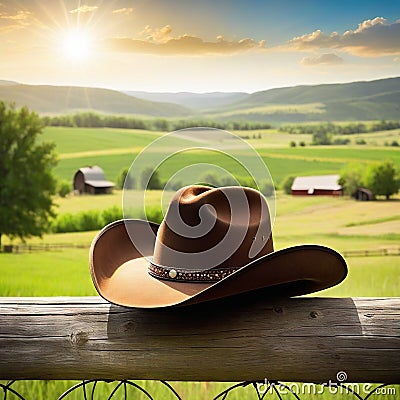 Rural background with close up cowboy hat and Rustic outdoor backdrop with blurred Cartoon Illustration