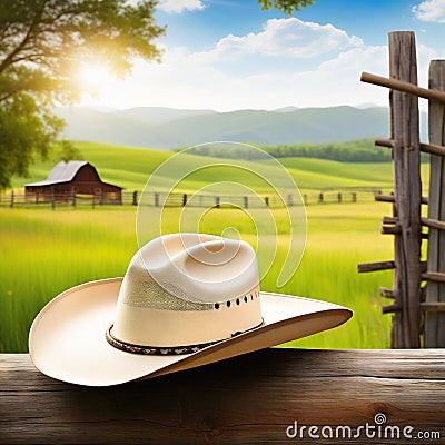 Rural background with close up cowboy hat and Rustic outdoor backdrop with blurred Cartoon Illustration