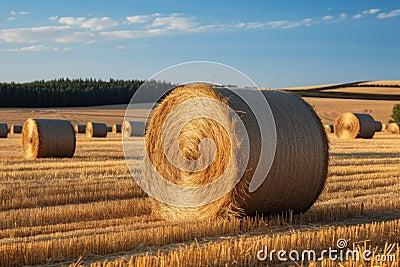 Rural charm Natural landscape featuring a field with hay bale Stock Photo