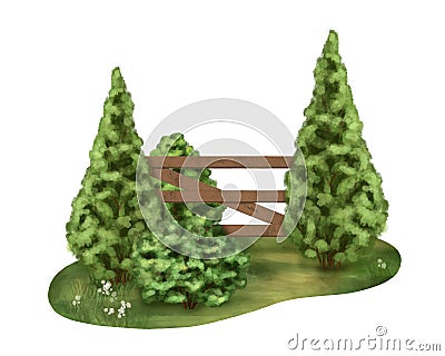 A rural composition in a sunny clearing of green bushes, fence. For packaging design, postcards, textiles, posters, stickers. Cartoon Illustration