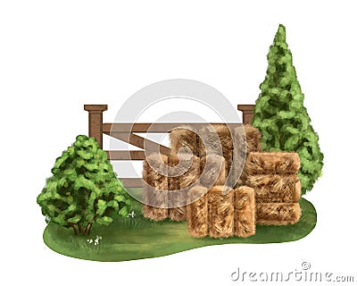 A rural composition in a sunny clearing of green bushes, a fence and stacks of golden hay. For packaging design, postcards, Cartoon Illustration