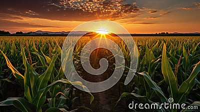 rural corn field at sunset Cartoon Illustration