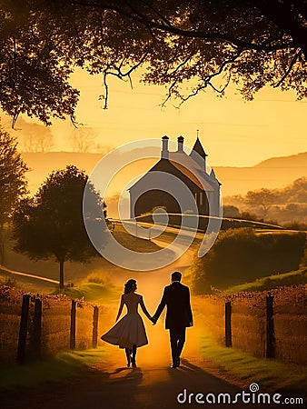 Rural couple silhouette,Generative Ai illustration. Cartoon Illustration